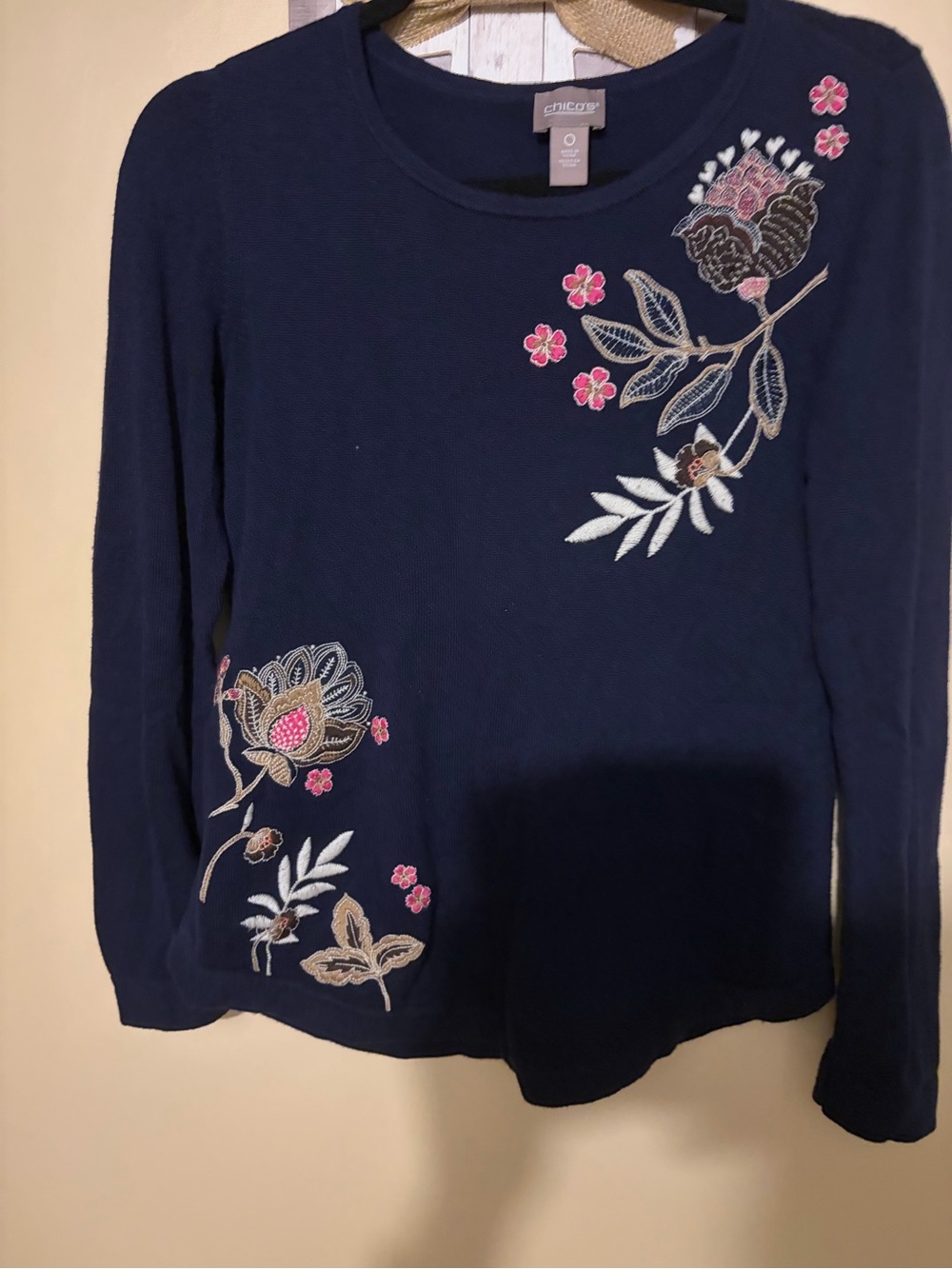 Chicos Navy Floral Embroidered Long-Sleeve Tee